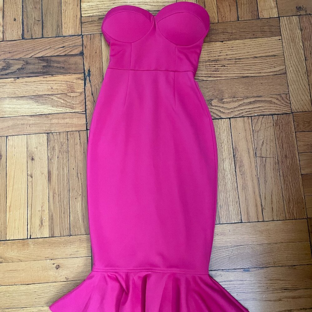 Rare London Vibrant Pink Strapless Midi Sweetheart Frill Hem Dress XS US 2 UK6